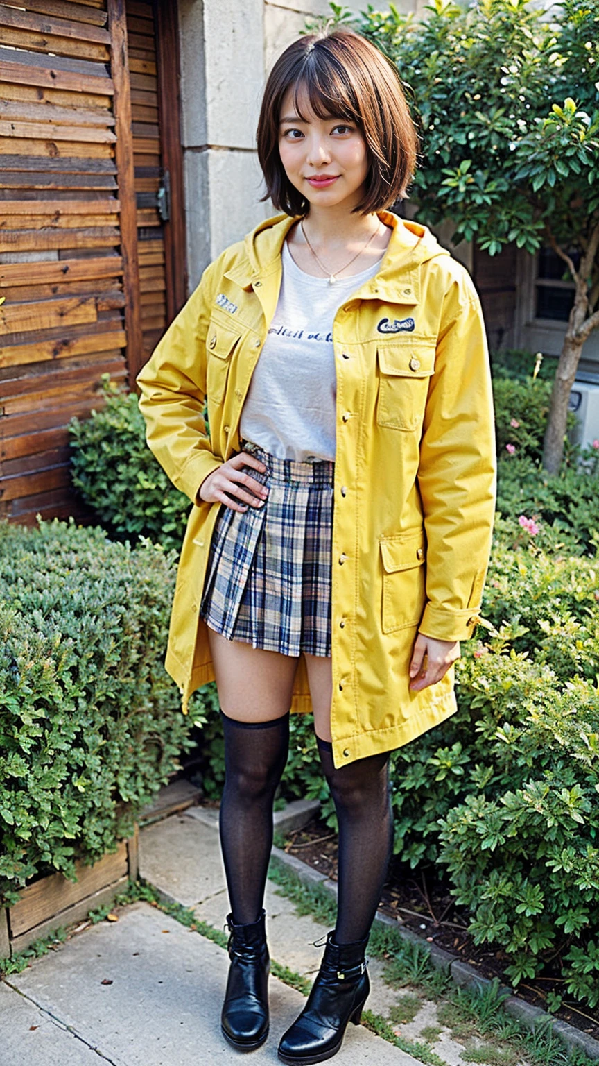 (8K、RAW Photos、Highest quality、masterpiece:1.2)、(Realistic、Realistic)、1 Girl、((Medium Hair、Yellow Jacket、tights、Black pleated mini skirt、boots、Big Breasts、whole body、garden、smile、View from the front、Looking into the camera、Stand with hands on hips))、