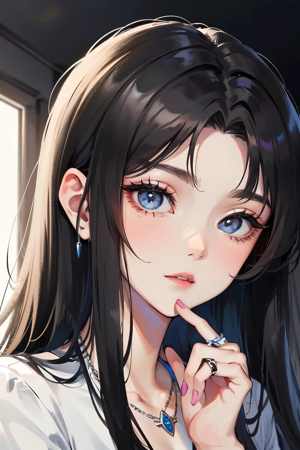 masterpiece, Highest quality, Beautiful Face,Korean,Beauty,1 person , 30th Generation,Beautiful Hair , Casual clothing, Logo Graphic T-Shirt,Rainbow Eyes,Drooping eyes,Headrest,Portrait,Dark grey hair,An ennui atmosphere,Makeup,Mature,Turn around,Hair with movement,long hair,Landscape,Watercolor paints,ring,Simple ear cuff,Slightly smaller eyes,Center parted bangs,Silver Necklace,Droopy eyes,Sidelong glance,whole photo