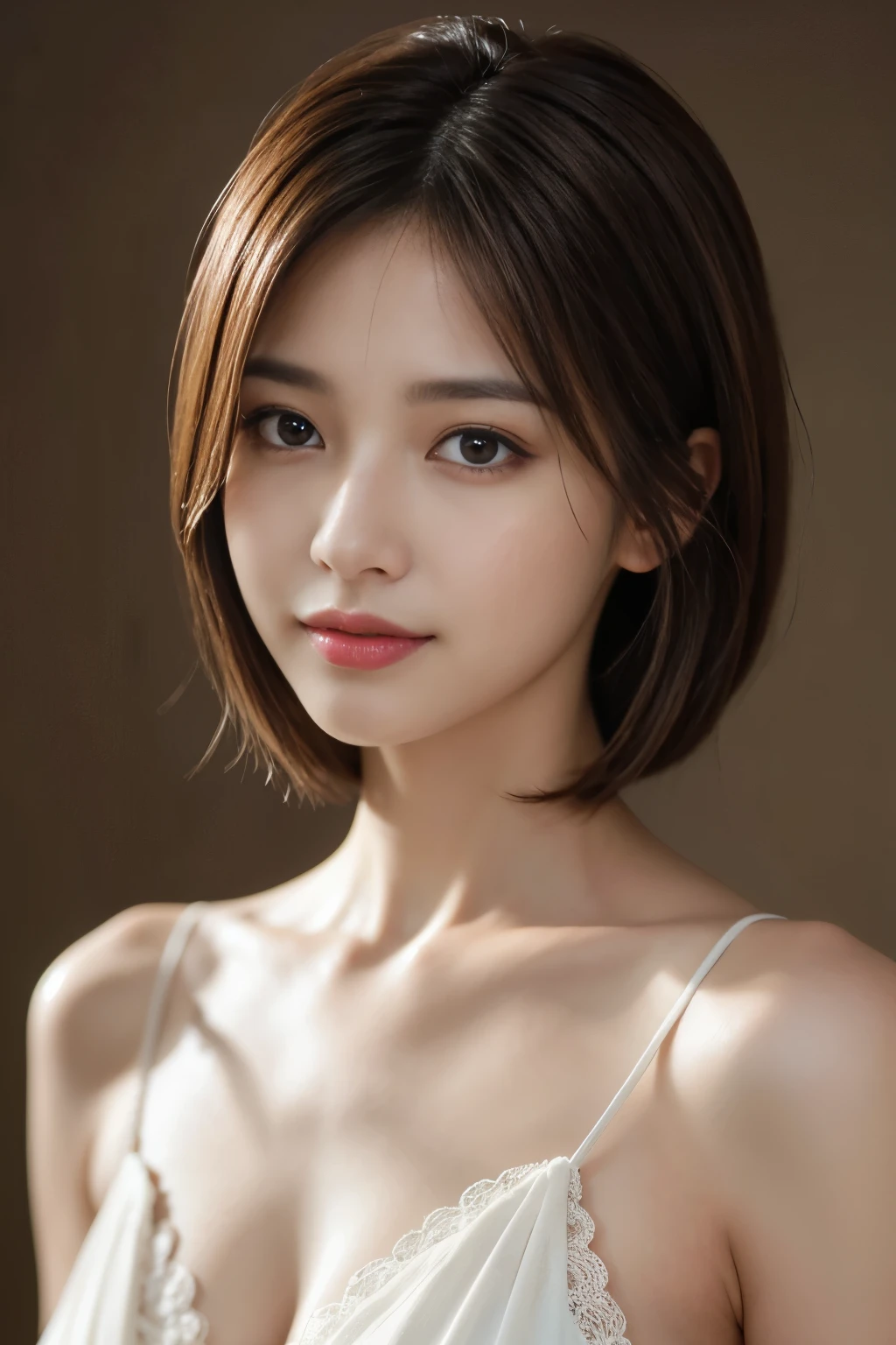 The best quality at its best, Realistically, Super detailed, More about pubic hair, High resolution, Plain background,8k wallpaper, One beautiful woman,,Light brown short hair, Wear a dark suit, Lock Focus, Perfect dynamic composition, Beautiful Eyes, Delicate hair, 细致Realistically的皮肤纹理, smile, Close-up portrait, Model Body Type