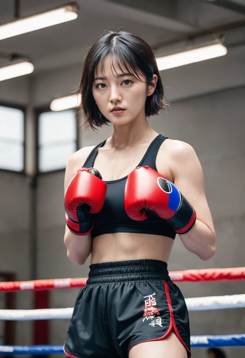 a close up of a woman in a boxing ring with a red glove, fighter pose, posing ready for a fight, jung gi kim, in a fighting pose, fight pose, heonhwa choe, deayami kojima, in a fighting stance, jaeyeon nam, wenfei ye, hwang se - on, fighting pose, fighting stance, she is ready to fight, curvy body, big breast