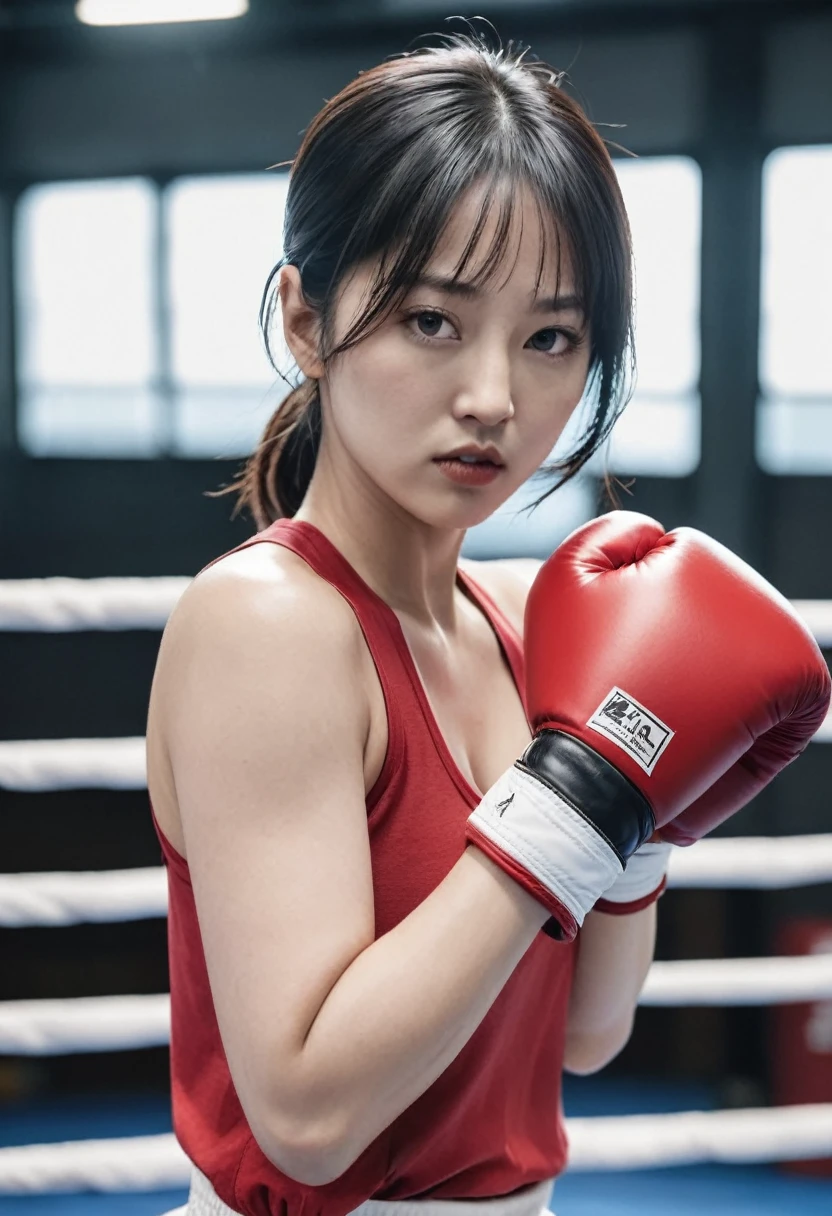 a close up of a woman in a boxing ring with a red glove, fighter pose, posing ready for a fight, jung gi kim, in a fighting pose, fight pose, heonhwa choe, deayami kojima, in a fighting stance, jaeyeon nam, wenfei ye, hwang se - on, fighting pose, fighting stance, she is ready to fight, curvy body, big breast