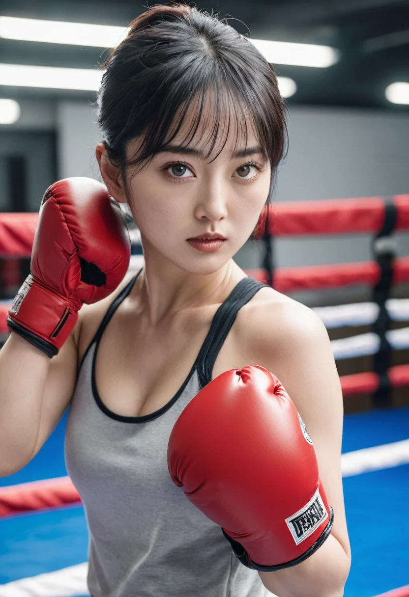 a close up of a woman in a boxing ring with a red glove, fighter pose, posing ready for a fight, jung gi kim, in a fighting pose, fight pose, heonhwa choe, deayami kojima, in a fighting stance, jaeyeon nam, wenfei ye, hwang se - on, fighting pose, fighting stance, she is ready to fight, curvy body, big breast