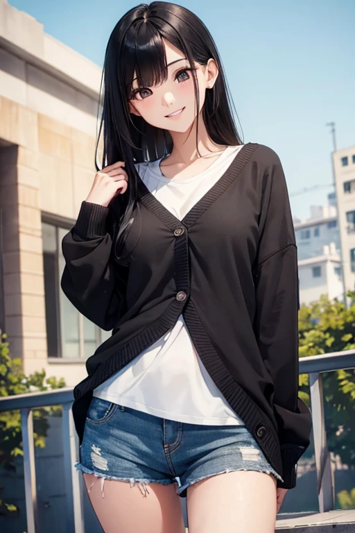 ((Highest quality)), ((masterpiece)), (detailed), One girl, Black Hair、Brightly colored cardigans、Shorts、student、cute、semi-long、Shoulder-length hair、Slender、smile、breast enhancement、seems kind、