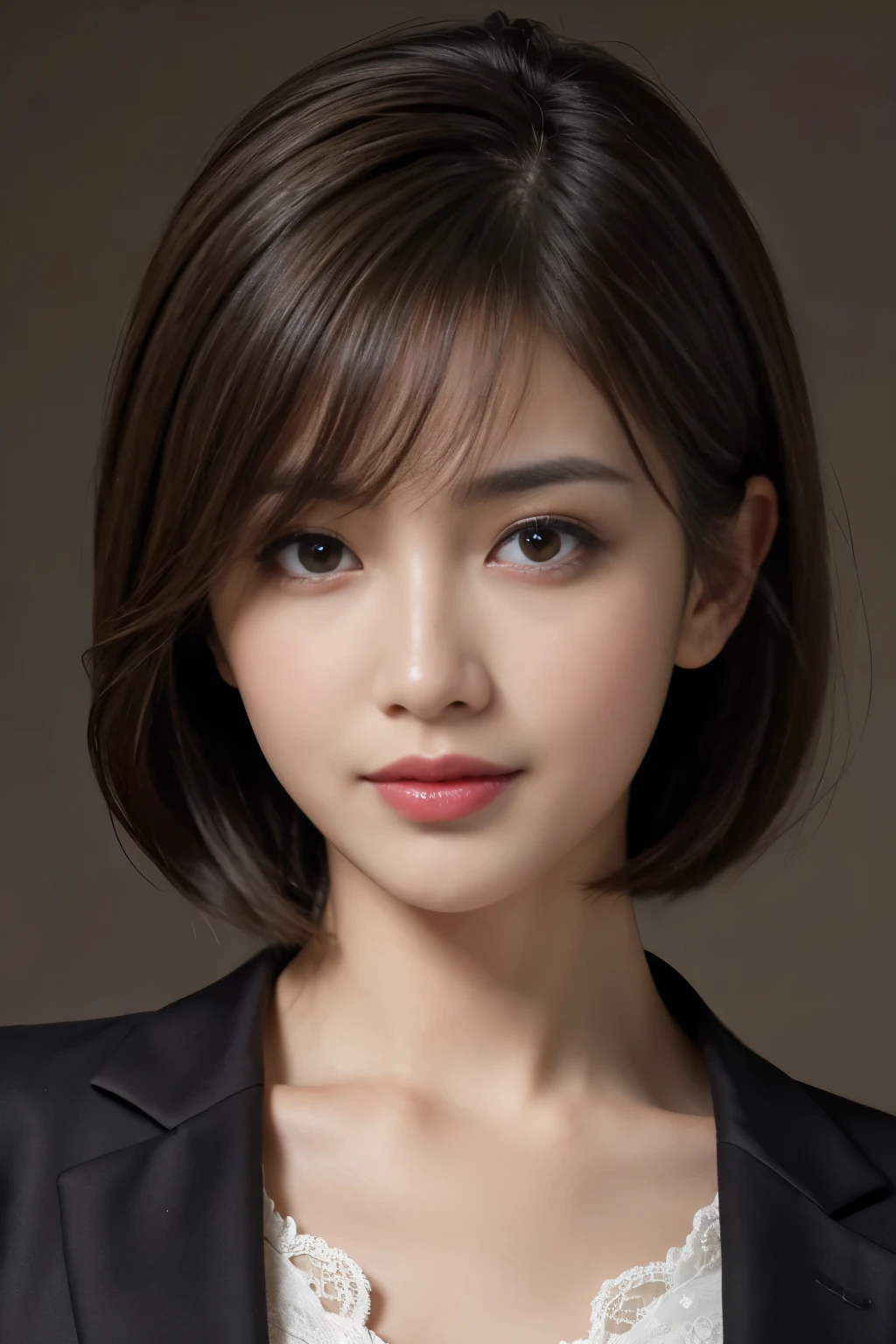 The best quality at its best, Realistically, Super detailed, More about pubic hair, High resolution, Plain background,8k wallpaper, One beautiful woman,,Light brown short hair, Wear a dark suit, Lock Focus, Perfect dynamic composition, Beautiful Eyes, Delicate hair, 细致Realistically的皮肤纹理, smile, Close-up portrait, Model Body Type