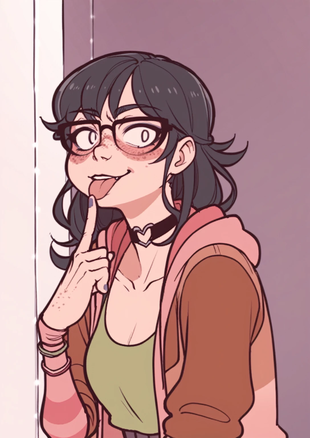 score_8_up, score_7_up, score_6_up, score_5_up, score_4_up, anime screenshot 1girl, solo, medium hair, black hair,  cat years, no freckles, thin glasses, leaning against wall , upper body, looking at viewer, jacket, shirt, choker , looking at you, >:3, downturned eyes, tongue sticking out, finger poking at cheek, asian 