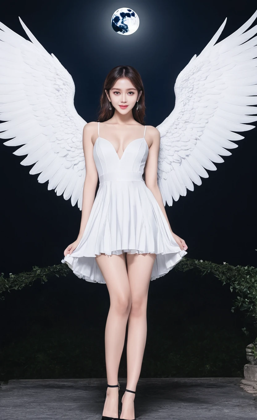 nanx, masterpiece,best quality,ultra-detailed,2girls,md symmetrical,solo,full body,(white wing:1.2),(black wing:1.2),night,moon,back to back,