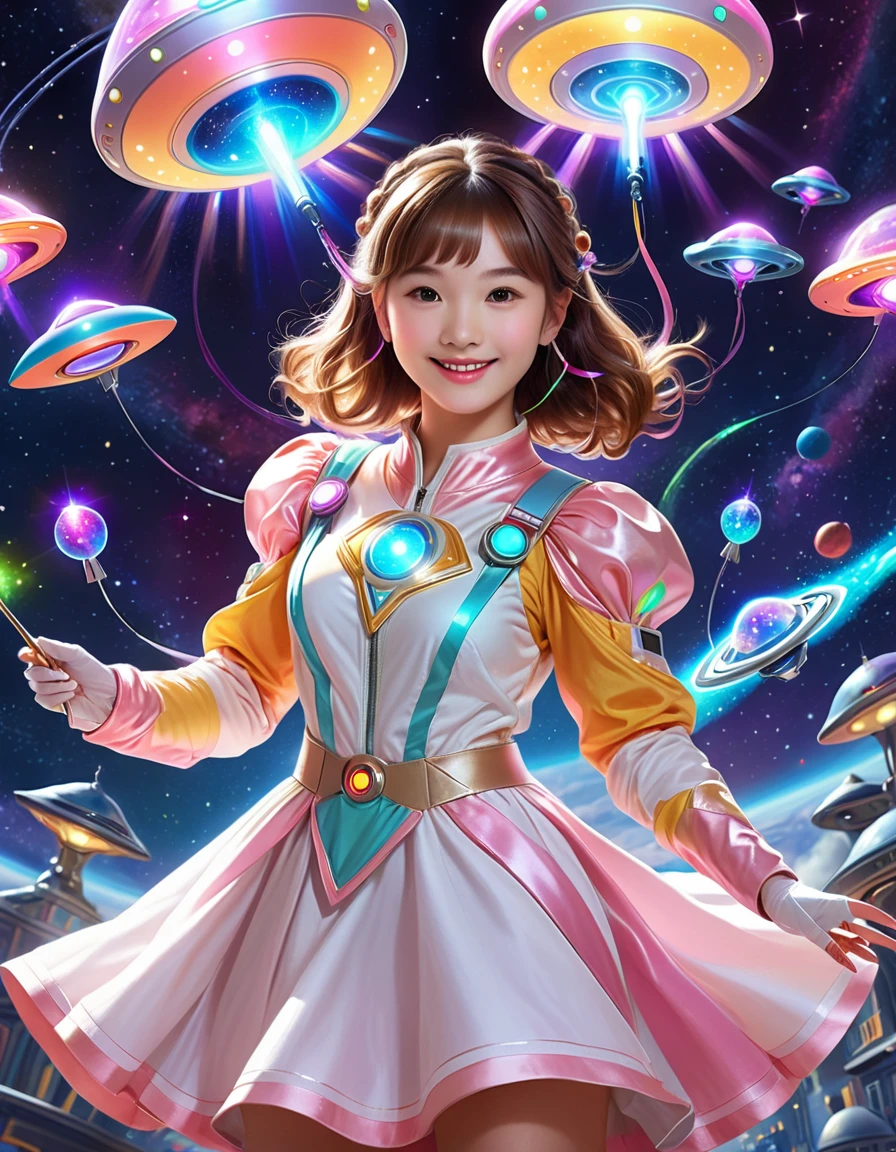 dynamic angle, (close up face), smile, UFO Magical Girl paints a futuristic world where science and magic intertwine. The girl, dressed in a spacesuit-style dress, holds a glowing magic wand. Around her, colorful UFOs fly around, each one moving with her magic and occasionally emitting particles of light.