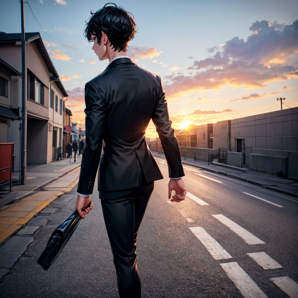 1boy, short black hair, light blue eyes, wearing all black suits, street, sunset, high res, ultrasharp, 8k, masterpiece, looking at viewer from behind