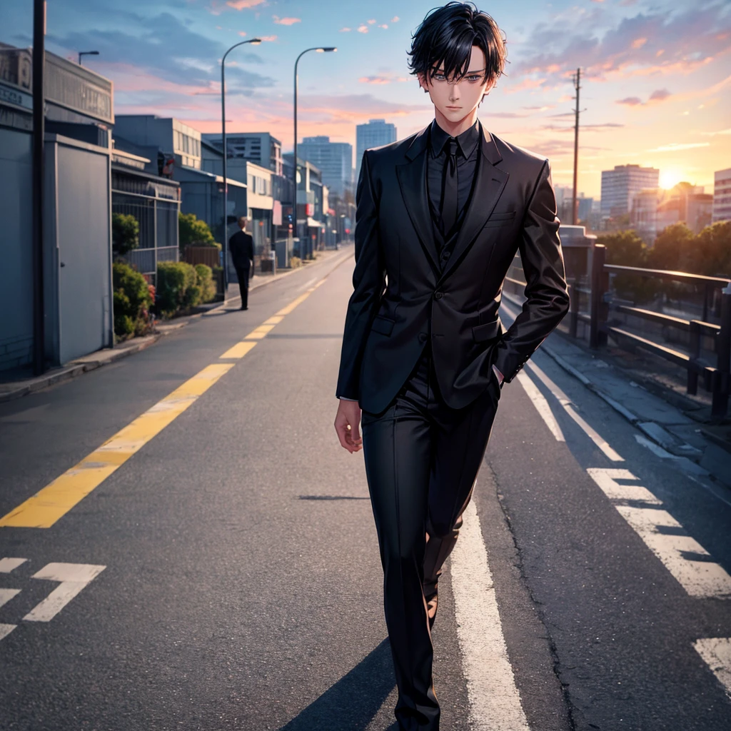 1boy, short black hair, light blue eyes, wearing all black suits, street, sunset, high res, ultrasharp, 8k, masterpiece, looking at viewer from behind