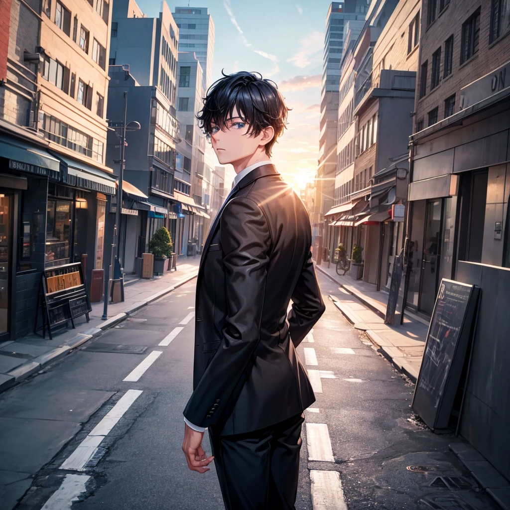 1boy, short black hair, light blue eyes, wearing all black suits, street, sunset, high res, ultrasharp, 8k, masterpiece, looking at viewer from behind