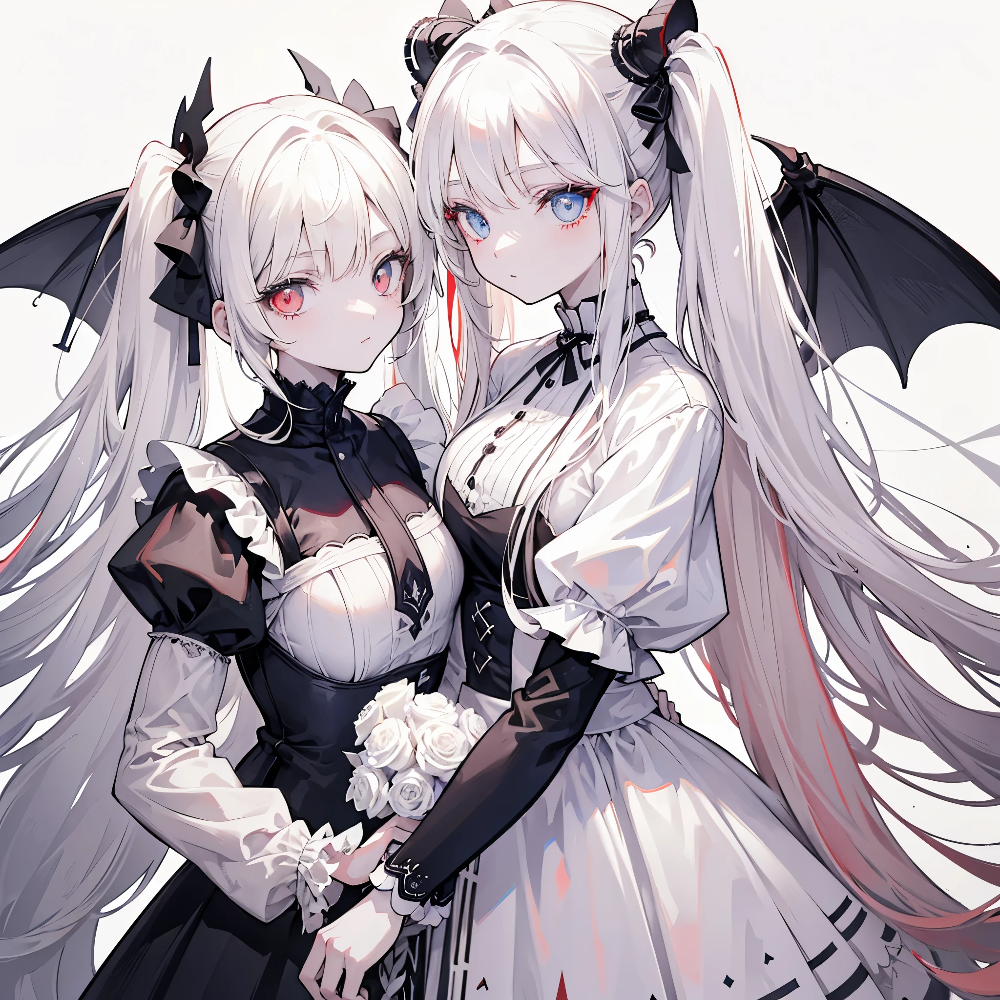 Two girls, red eyes and beige hair, blue eyes and white hair, twin tails, long hair, monochrome gothic fashion, white roses, white background,
