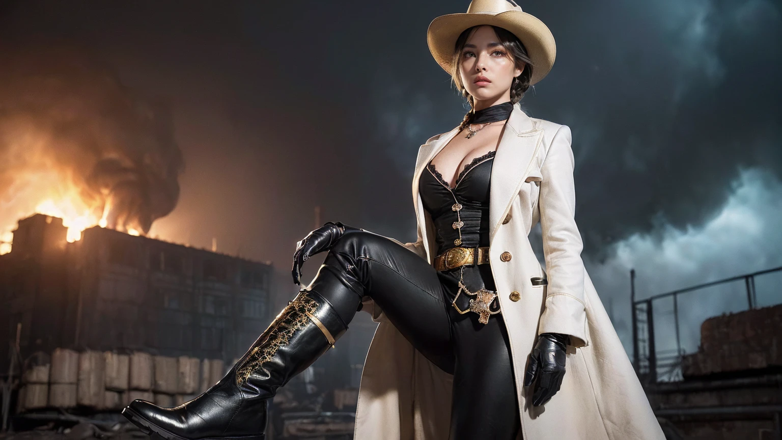 (Super detailed)),((illustration)),((masterpiece)),(((need))),((fine、Highest quality CG Unity 8K wallpapers,masterpiece),((4K,masterpiece,best quality)),Girl with short silver hair,hair strand,expressive hair,Braids,Gold-green heterochromatic eyes,flat chest,Silver sun hat,White gloves,Wearing a white coat,Black and gold western detective suit,Black and gold boots,Monocle,Restlessness,The walls are covered with wanted posters,Thick smoke billows from the factory behind,Dark sky,A big explosion,There's an imaginary crime scene around me,Full body picture,Medieval English Steam Style