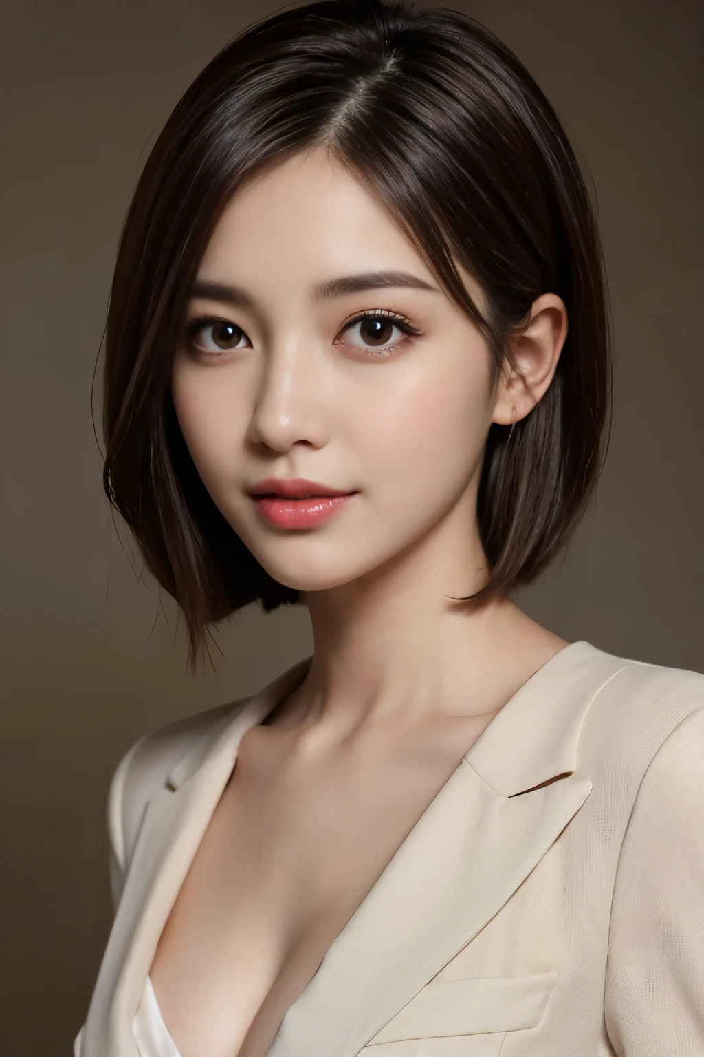 The best quality at its best, Realistically, Super detailed, More about pubic hair, High resolution, Plain background，8k wallpaper, One beautiful woman,,Light brown short hair, Wear a dark suit, Lock Focus, Perfect dynamic composition, Beautiful Eyes, Delicate hair, 细致Realistically的皮肤纹理, smile, Close-up portrait, Model Body Type