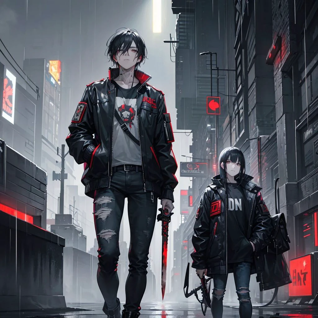 heavy rain, tall buildings with advertising in coaxial color and in front of the characters on the asphalt lies a corpse