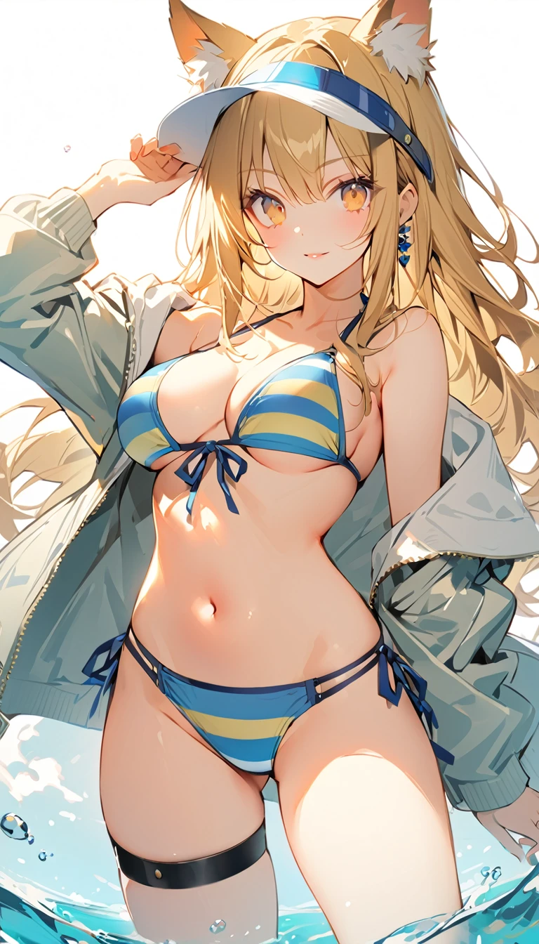 the character is showing her underwear on the beach while posing in the water, 1girl, breasts, swimsuit, solo, bikini, yellow eyes, blonde hair, animal ears, visor cap, navel, striped bikini, outdoors, large breasts, long hair, jewelry, jacket, looking at viewer, thigh strap, open clothes