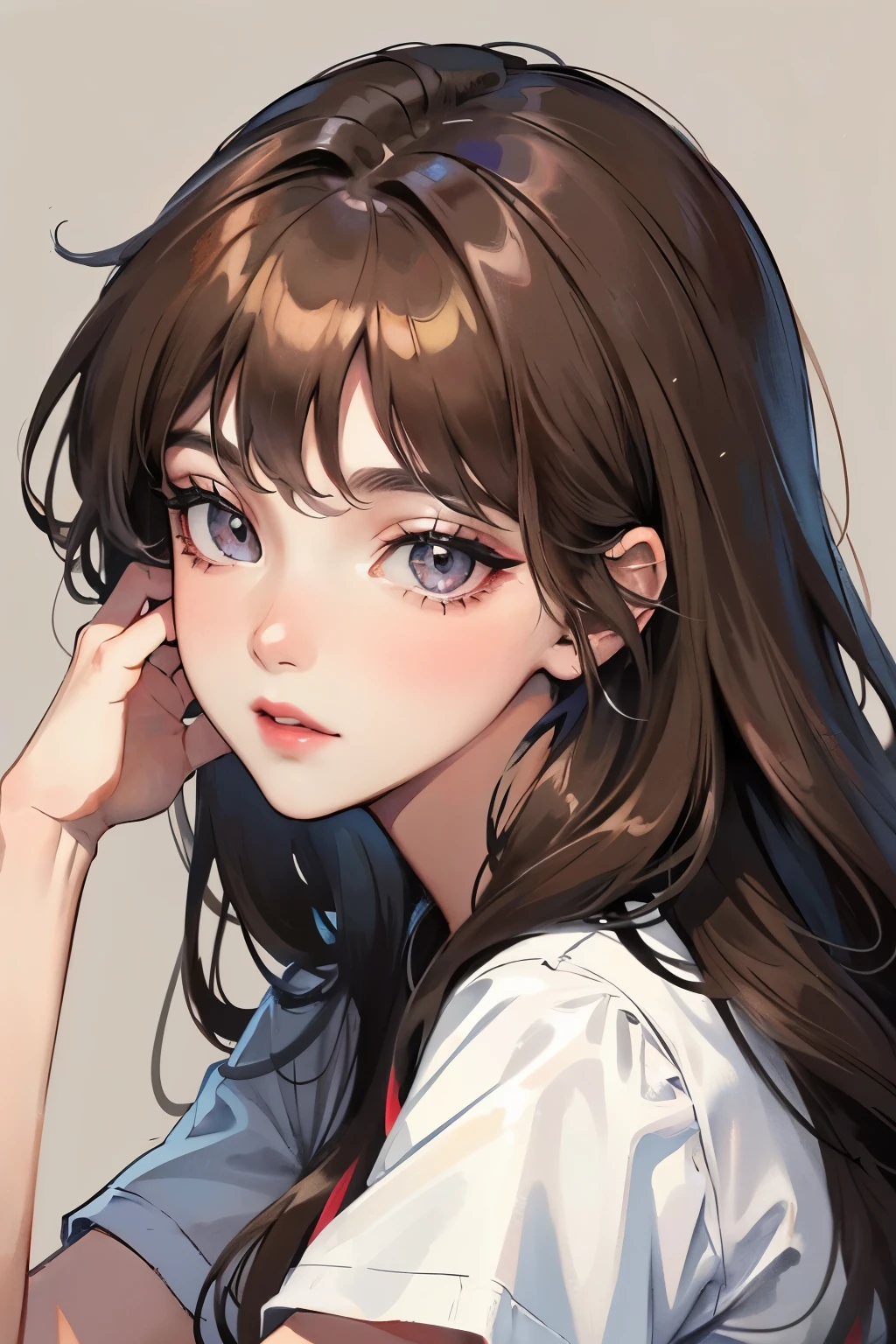 masterpiece, Highest quality, Beautiful Face，Korean Beauty，1 person , 30th Generation，Beautiful Hair , Casual clothing, T-Shirts，Dark Brown Hair，Rainbow Eyes，Drooping eyes，Headrest，Portrait，Ash dark beige hair，An ennui atmosphere，Goddess Curly Hair，Makeup，Mature，Turn around，Hair with movement，Hair sparkles in rainbow colors，long hair，Landscape，Watercolor paints
