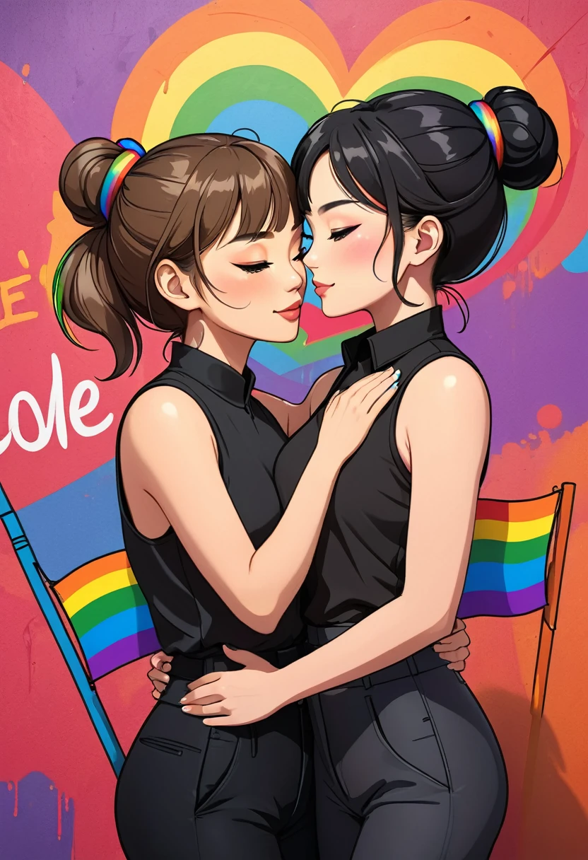 A beautiful and touching anime style illustration of two women expressing their love. FreenBecky's name "Love is Love" is written in bold, colorful graffiti-style letters, in 3D, imitating the colors of the rainbow flag. The first woman is a British beauty with semi-long, loose, straight light brown hair, dressed casually in a black sleeveless shirt and black pants, with black high heels. The second woman, with Asian features, has black hair in a bun and wears a black sleeveless shirt with a lapel, black pants, and black high-heeled shoes. They hug her waist and hold a small rainbow flag each and show an attitude of empowerment. The dynamic composition shows the depth of their connection and respect for each other. They pose gently for the cameras and are surrounded by flashes