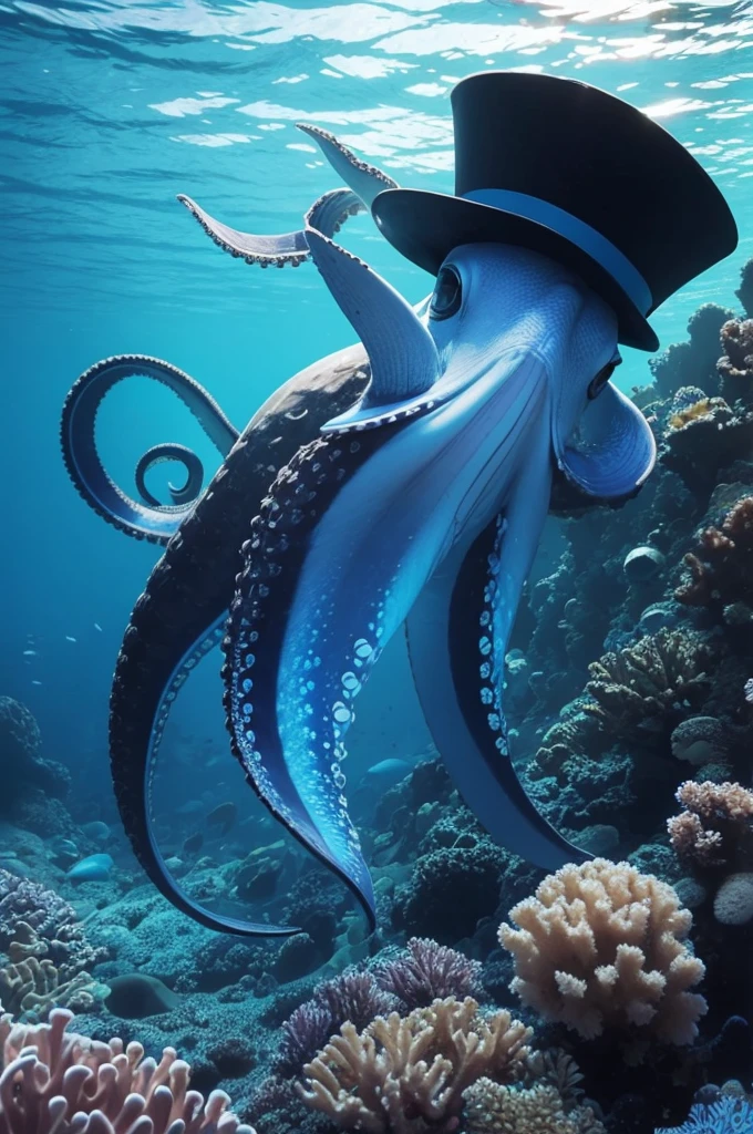 A sea animal marine octopus with blue color and with a black top hat