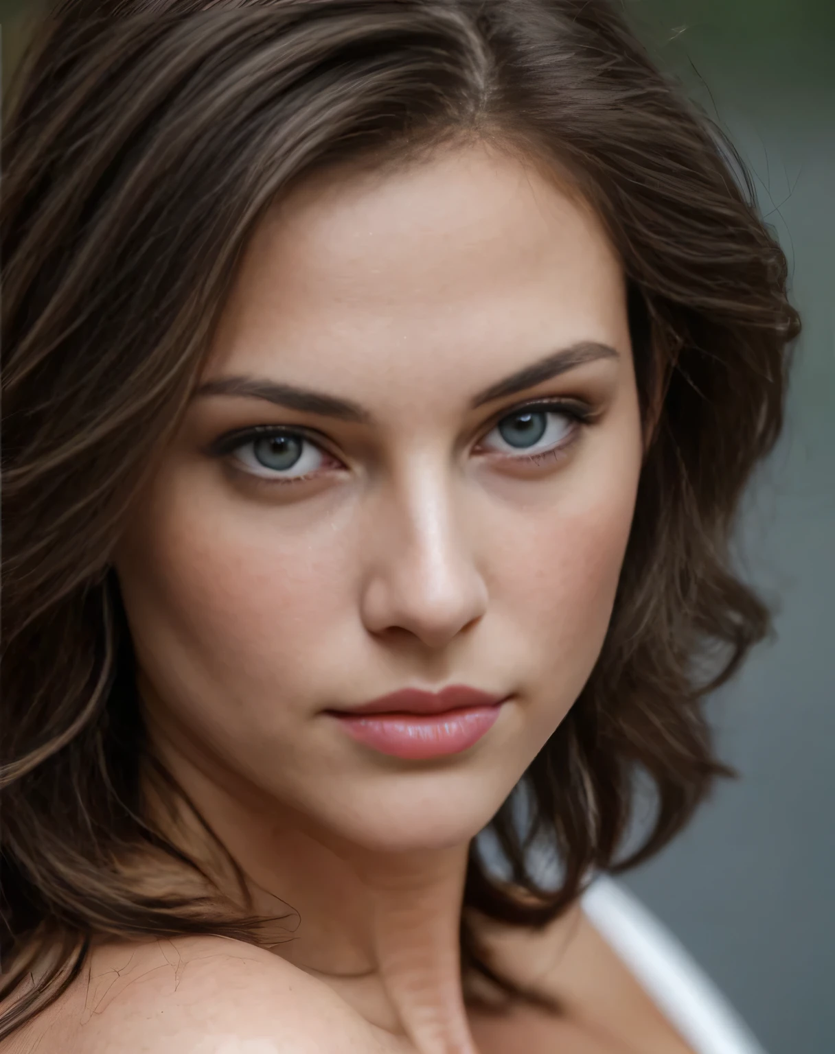 stunning portrait, ((25 years old beautiful woman)), (frightened face), (sexy white unbuttoned blouse), (busty),( thin face) ((supermodel face)) expressive facial features. She's looking straight at the camera. (((short wavy brunette hair))) , ((dark blue eyes)), a captivating look and an alluring facial expression that allows a woman to be the center of the image. Please pay close attention to details such as highlights and shadows on her face and hair to create a realistic image. Looking directly into the camera, the final product should be a masterpiece that conveys the essence and beauty of a woman, ((highly detailed skin, skin details)), clear focus, volumetric fog, 8k UHD, SLR camera, high quality, film grain, Fujifilm XT3, ((focus on breast and face)), (cum on neckline)
