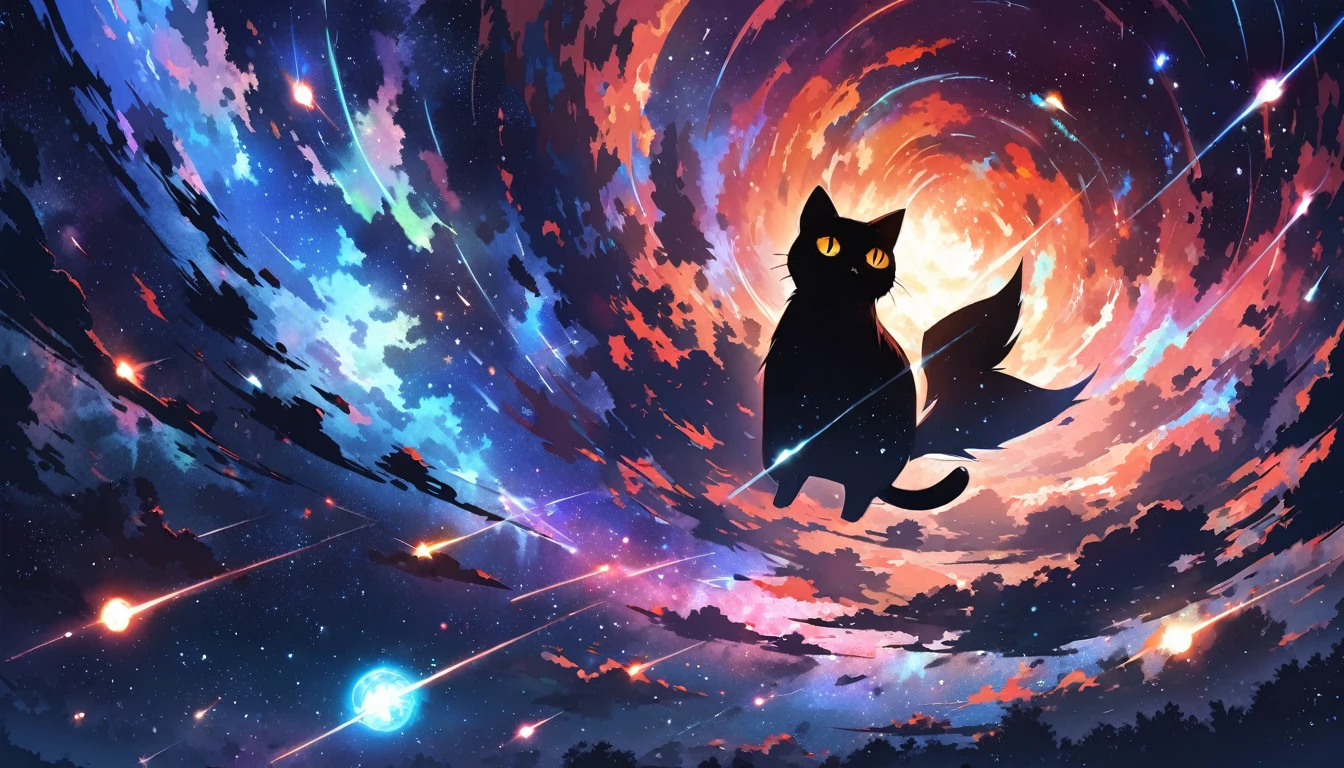 Animated paintings inspired by Makoto Shinkai, space art, (sideways looking at the sky (black cat)), mysterious, fantastic, meteor shower, complex light, ((unmanned)),