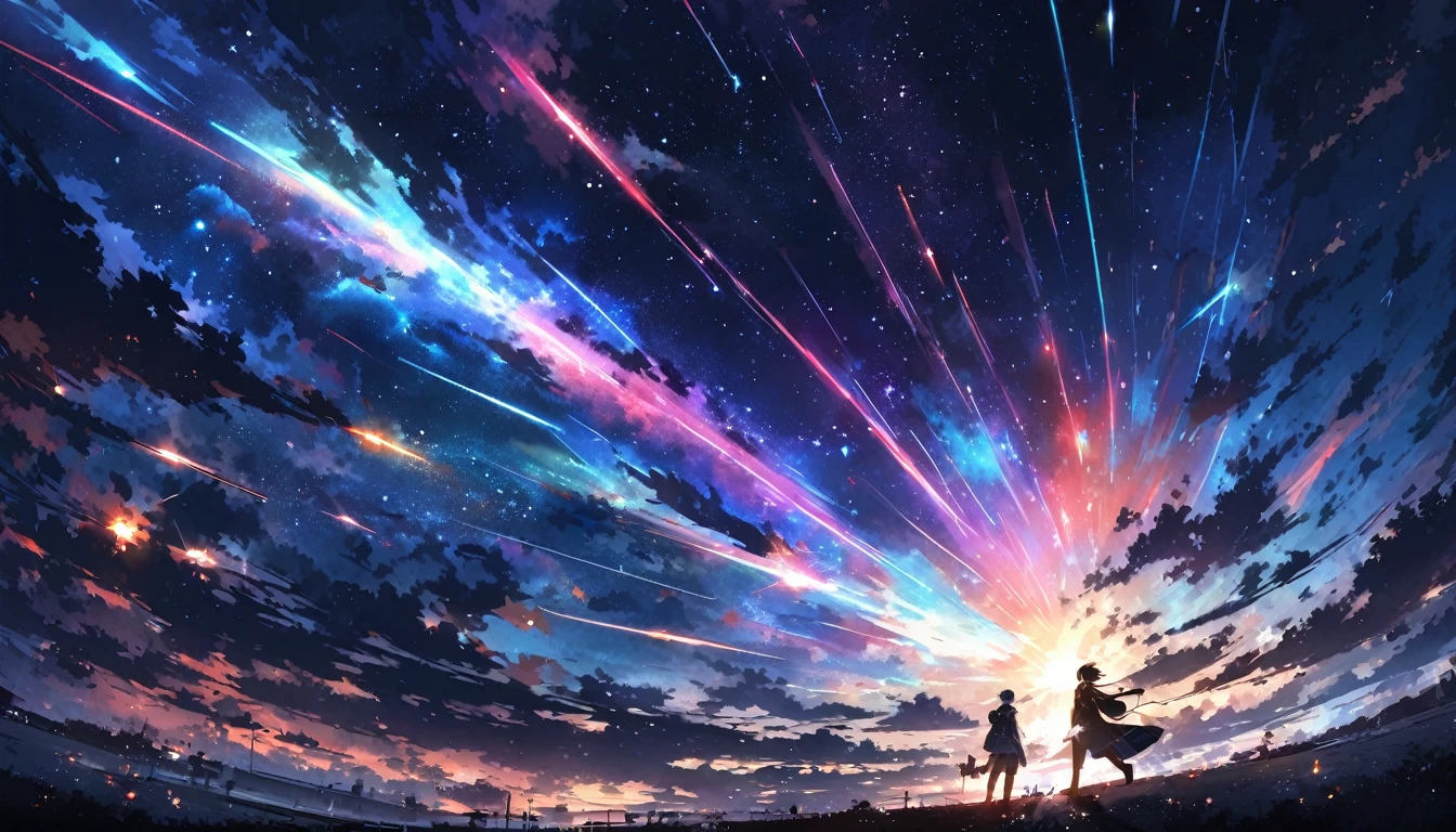 Animated paintings inspired by Makoto Shinkai, space art, (sideways looking at the sky (black cat)), mysterious, fantastic, meteor shower, complex light, ((unmanned)),