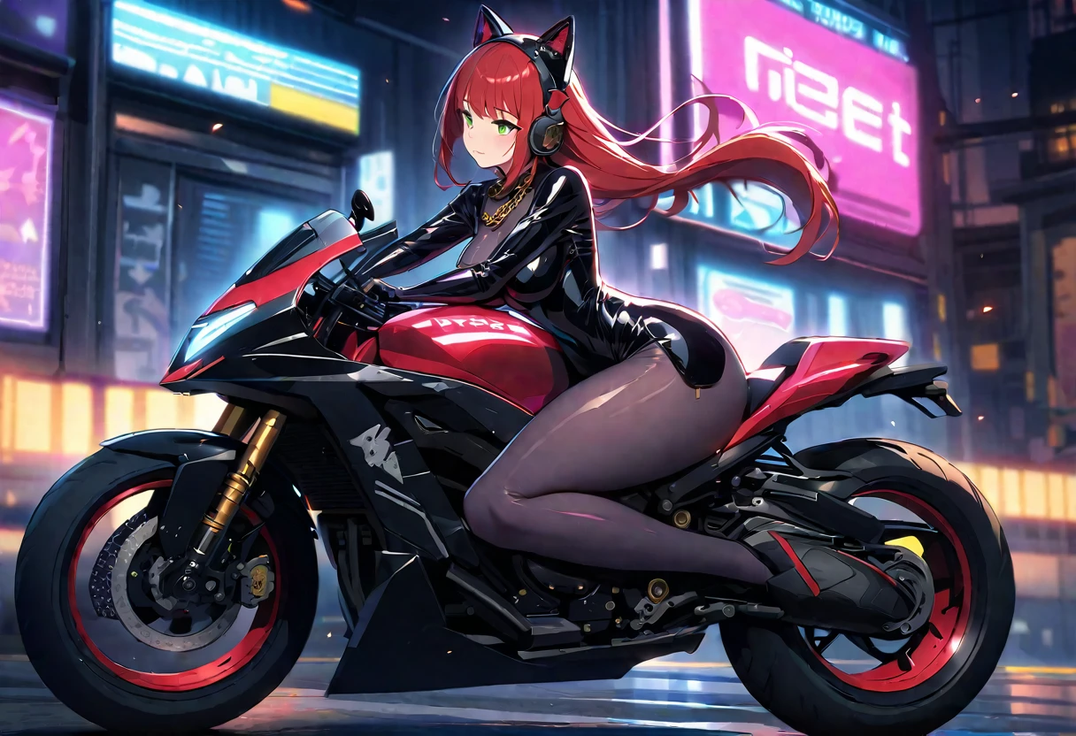 I imagine this girl with a futuristic appearance and full of mystery. Her body is wrapped in a purple and black bodysuit., Shiny chains intertwine around his arms and legs, as if they were metallic tattoos. The three-strand necklace, with its digit-shaped padlock, It is their symbol of submission and devotion. Her red hair falls in waves over her shoulders., and his green eyes flash with a mixture of passion and obedience. The black dress fits her curves, enhancing her voluptuous figure. Each chain that tightens around her skin is a reminder of her role as a beloved slave.. In the dark garage, the girl prepares for her master. The cyberpunk motorcycle awaits, its shiny surface reflecting the neon lights of the city. The cat-shaped helmet gives it a mysterious look, and the tail that extends from the back of the seat seems to have a life of its own. She rides the motorcycle with grace, speeding into the night. The wind whistles in his ears as he walks through the dark streets, ready to carry out her master's orders. In this futuristic world, where technology and passion intertwine, she is his slave, your confidant and your lover. The girl with chains and a cyberpunk motorcycle is an enigma, a mixture of desire and bondage. Its story unfolds in the twinkling lights of the city, and his figure becomes a legend in the night streets.