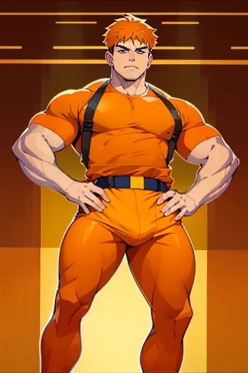 A 15-year-old man wearing orange clothes tight to his body. orange hair Serious and defiant look stands with clenched fists