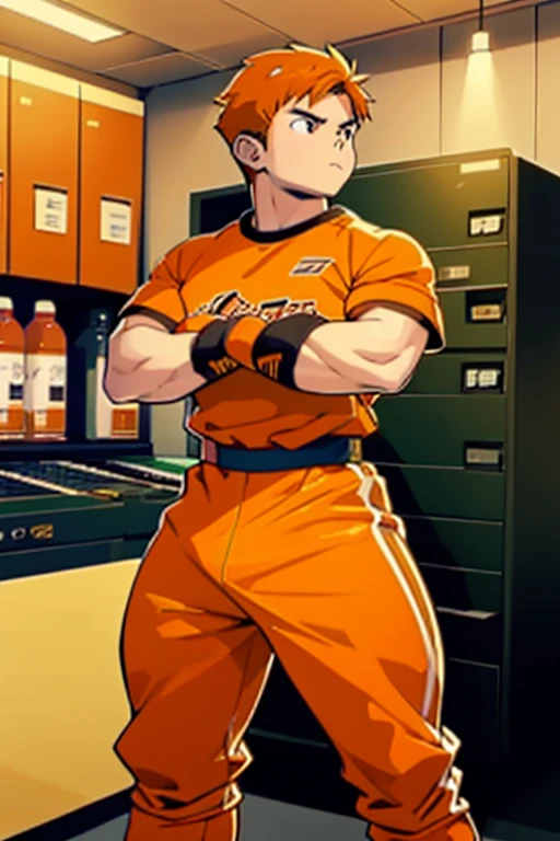 A 15-year-old man wearing orange clothes tight to his body. orange hair Serious and defiant look stands with clenched fists