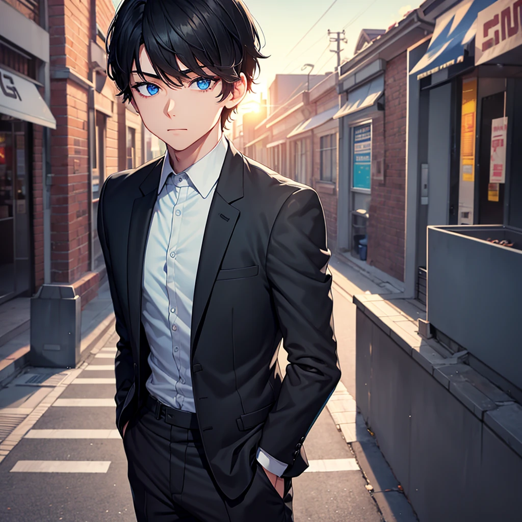 1boy, short black hair, light blue eyes, wearing all black suits, street, sunset, high res, ultrasharp, 8k, masterpiece, looking at viewer from behind
