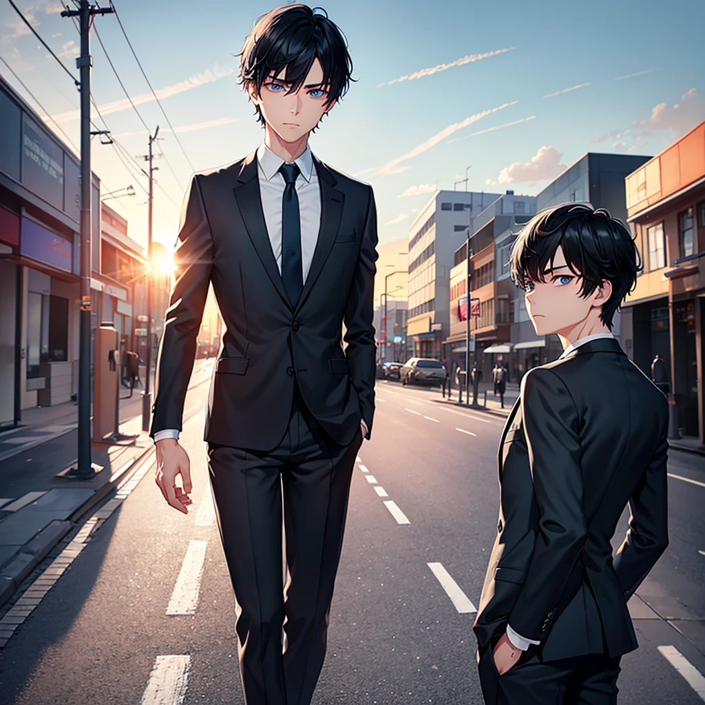 1boy, short black hair, light blue eyes, wearing all black suits, street, sunset, high res, ultrasharp, 8k, masterpiece, looking at viewer from behind