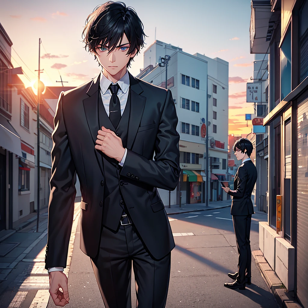 1boy, short black hair, light blue eyes, wearing all black suits, street, sunset, high res, ultrasharp, 8k, masterpiece, looking at viewer from behind