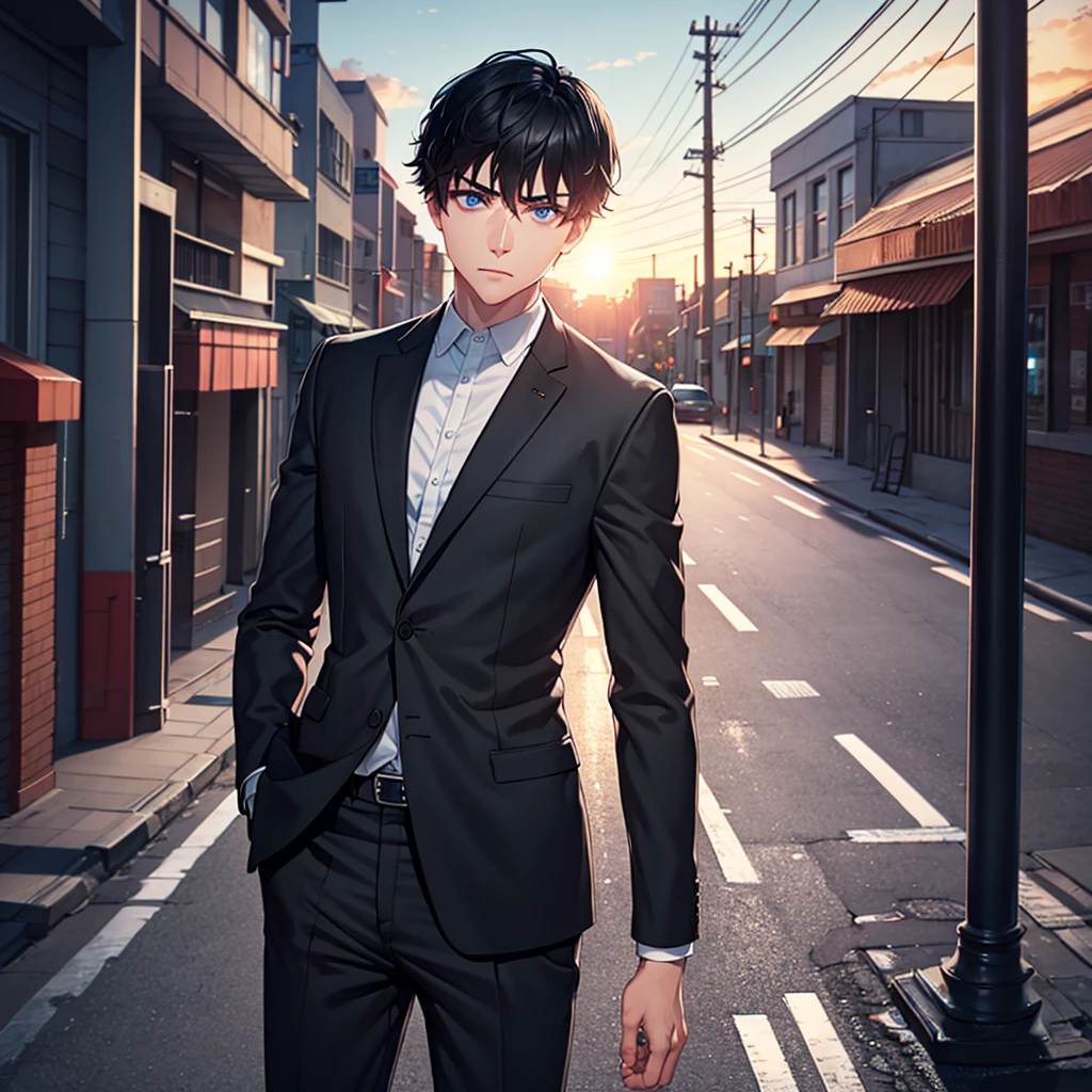 1boy, short black hair, light blue eyes, wearing all black suits, street, sunset, high res, ultrasharp, 8k, masterpiece, looking at viewer from behind