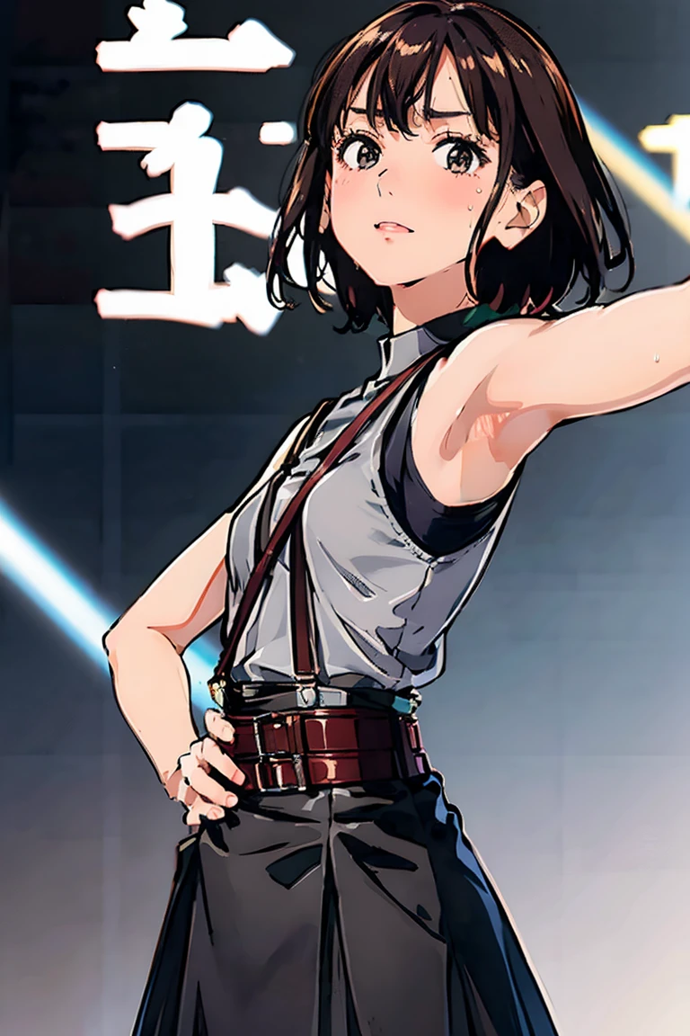 Black Skirt, 　suspenders, Brown hair Gray eyes, 脚にガーターbelt, Tight black clothes, 　　 belt　Armpit sweat　　Bright expression　Moderate bust　holster　Put your hands behind your back、Double Exposure 