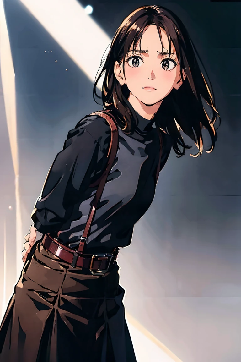 Black Skirt, suspenders, Brown hair Gray eyes, 脚にガーターbelt, Tight black clothes, belt Armpit sweat Bright expression Moderate bust holster Put your hands behind your back、Double Exposure