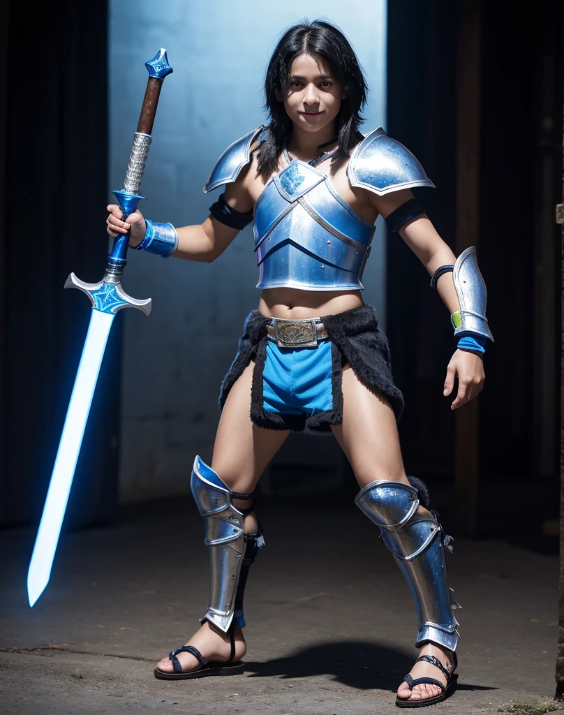 Young 13-year-old boy with black hair and brown eyes, innocent and happy, dressed in short neon-blue medieval barbarian clothes, fur shorts, light-blue battle armor, weilding silver sword and shield, sandals; fullbody; short hair, boyish athletic, sexy,