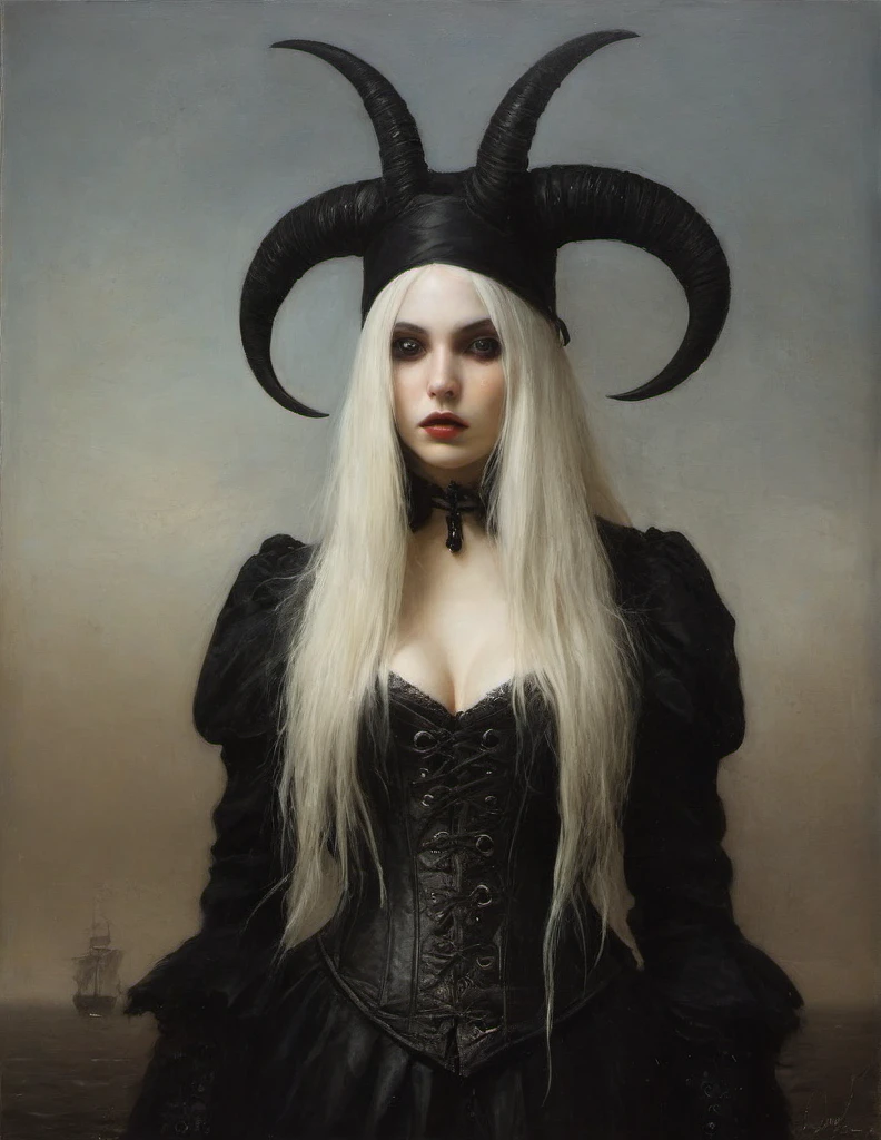 James Gurney, Surrealist art , dream-like, Mysterious, Provocative, symbolic, Complex, detailed,, (Gothic but very beautiful:1.4), (masterpiece, highest quality:1.4) , Nicola Samori Style, young girl, long white hair, long black horns, pirate coat, corset