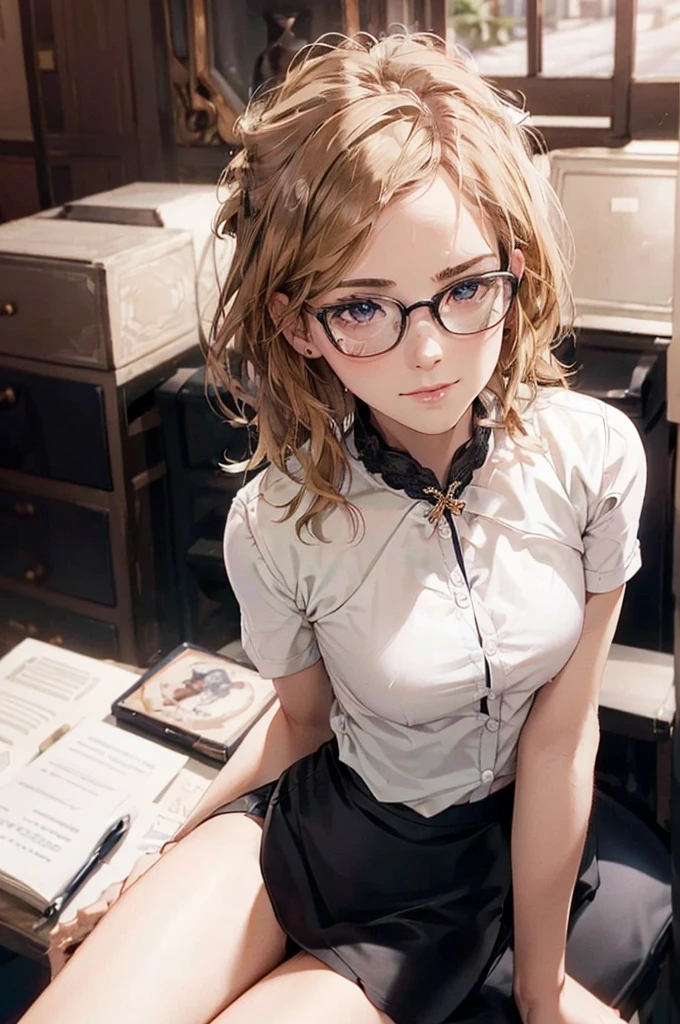 Masterpiece, 最high quality, high quality, High resolution, high quality texture, high quality shadows, High resolution, Beautiful details, Detailed CG, Detailed Texture, Realistic representation of face, Realistic, colorful, delicate, Cinematic Light, Side light, Lens flare, Ray Tracing, sharp concentrated, (1 Girl,concentrated:1.3), ( Intricate details, compensate, PureErosFaceV1:0.5), (細部まで美しいdelicateな顔, 緻密で美しいdelicateな瞳, Perfect Facial Proportions, Dense skin, Optimal ratio of four fingers to one thumb,Unified 8k wallpaper, Arms under chest, Modest chest, Wide Hips, Smooth upper abdomen, 35 years old, blue eyes, glasses, air fortress hair, blonde hair, house wife, the gaze of true love, lips of temptation, A look full of compassion ,a smile full of love, i love you, Acting lovey-dovey, I love you so much I'm crazy,
cabin attendant uniform,white blouse,tight fitting black skirt,black stockings, excellent secretary ,working as a secretary, wooden desk, wooden chair
