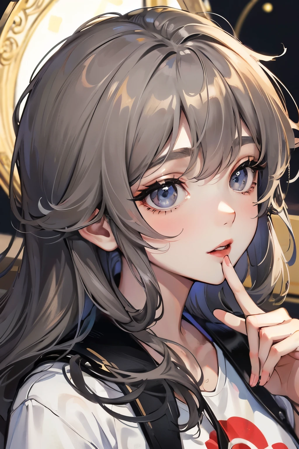 masterpiece, Highest quality, 1 Korean girl with a beautiful face , Beautiful Hair , Characters in modern Korean dramas, Anime Eyes, Casual clothing, T-Shirts,masterpieceの背景, Dark Brown Hair,Rainbow Eyes,Drooping eyes,Chin on hand pose,Portrait,Ash grey hair,An ennui atmosphere,Goddess Curly Hair,Makeup,Beautiful fingertips