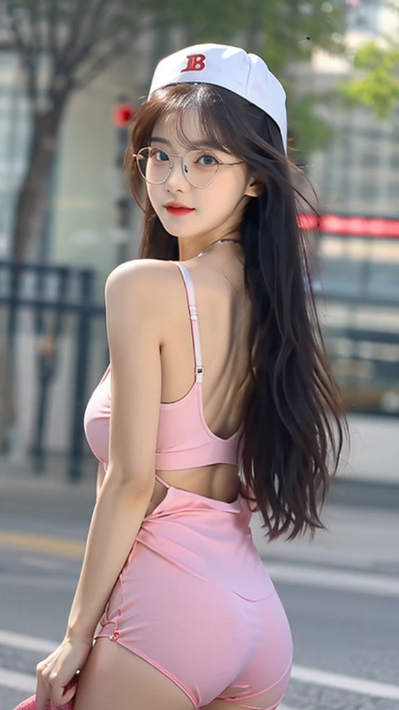 ((best quality)), ((masterpiece)), (detailed),
girl, extremely beauty, very cute and charming,,white skin, bright blue eyes, short body, finest detail face, slim waist, small face, long black hair showing an ear, bang hair , big breats, big and tight ass, small lips, pink lips, use nature makeup, wearing Summer Strappy Tank Tops Sexy Sleevless Camisoles Club Tube Casual and white underwear and no pants, wearing big rounded glasses, baseball hat, look at camera, caught in the rain , clothes and skin wet, i can see her cleavage and nipples, Sitting on leg pose, seductive expression, full body, vivid and sharp color , put hand pilled up,
street view , evening, sunset