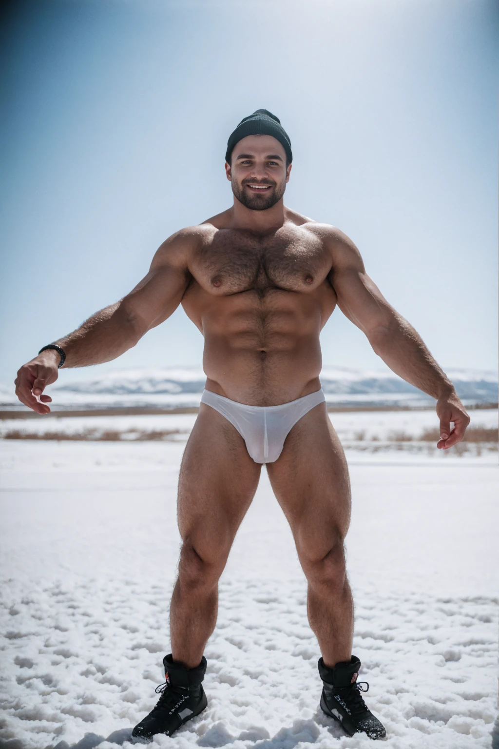 1 stocky shirtless Russian gay is standing with his legs and thighs opened and spread in the snow with wide landscape of snowfield , 1 man only, no other people, iceblocks and icelake and snow scene, he is wearing white fur gloves, fur woolen hat to cover snow , moustache, facial hair, white transparent thong bikini highlighting big bulge and big butts, Wear knee-length fur shoes.,masculine and stocky, shirtless, handsome face with detailed facial features, shirtless and wearing nothing, correct accurate male anatomy,skinny boy body, muscle body,sport body, big muscle, Handsome face, wet oiled waxy shiny greasy muscles and skin, flawless white skin, masterpiece, professional DSLR shoot and retouching, illustration art, shadow, highlight, sharpness, depth of field, dessert and Russian snow field environment, sexy, hot gay erotic illustration art, sexy and hot,Close-up photo,(Best quality, 8k, Masterpiece).,Smiling face, good mood.highest detail, superior quality, natural lighting, beautiful, sexy, correct anatomy, good composition,realistic shapes, realistic skin tones,Natural eyes,realistic eyes,looking up at viewer,vpl,realistic muscles,Realistic wrinkles on the skin,Realistic arms and legs,Realistic face,realistic hair,Make a sexy and seductive face, man focus,amazing composition, front view, HDR, volumetric lighting, ultra quality, elegant,Post a erotic photoshoot,Realistic pose,detailed hair,full body,Fujifilm XT3 photorealistic art by midjourney