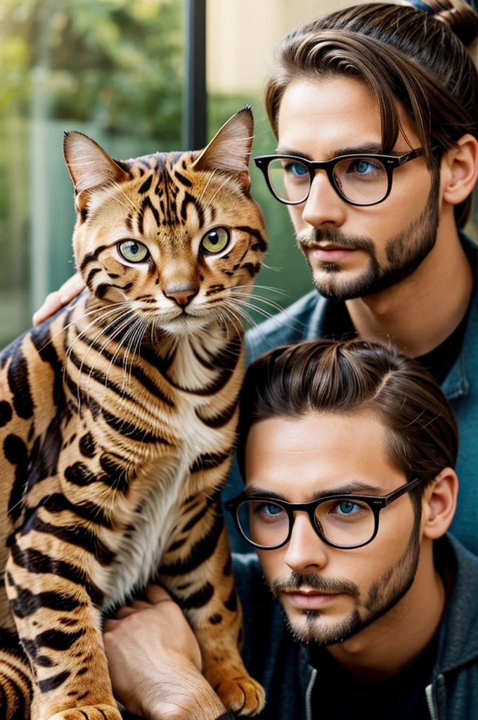 a guy with glasses,man bun, brown hair and eyes holding a Bengal cat