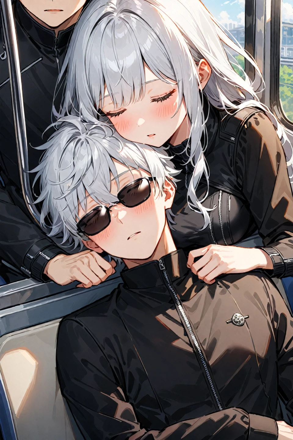 1girl, 1boy, gojou satoru with white hair wearing black sunglasses, sleeping, the 1girl have long hair black , gojou satoru short hair, closed eyes, upper body, leaning on person, parted lips, jacket, bangs, black jacket, train interior, long sleeves, girl blush, high collar, head on another's shoulder, breasts, closed mouth, eyelashes --style 1, ((medium quality)), ((medium quality))