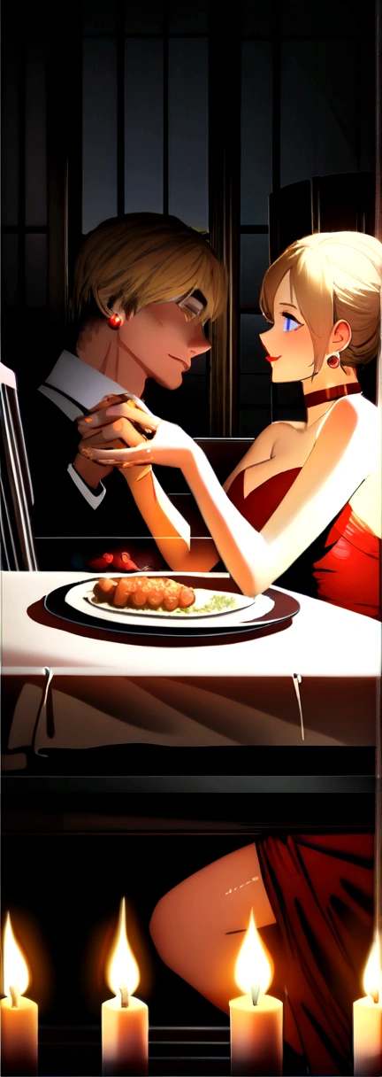 ((Point of view, holding hands with her date viewer)) ((in love, she is in love, she love the viewer))((romantic dinner date, champagne, canddles)) ((sexy tall russian supermodel)) ((beautiful face)) ((happy wide smile)) ((red gloss lipstick)) ((very dark eyeshadows make up)) ((big bright blue eyes)) ((very long messy blonde hair)) (()) ((very huge breast:1.5)) ((perfect slender body torso1.3)) ((wears strappless red sequin dress)) ((red choker, earrings, red stocking)) (())((inside darkroom sit on chair having romantic dinner, many canddles around))(high resolution, dynamic shadows)((photorealistic:1.5)) ((masterpiece:1.3)) (8k) (perfect face) ((best quality:1.4)) (perfect hands and eyes)