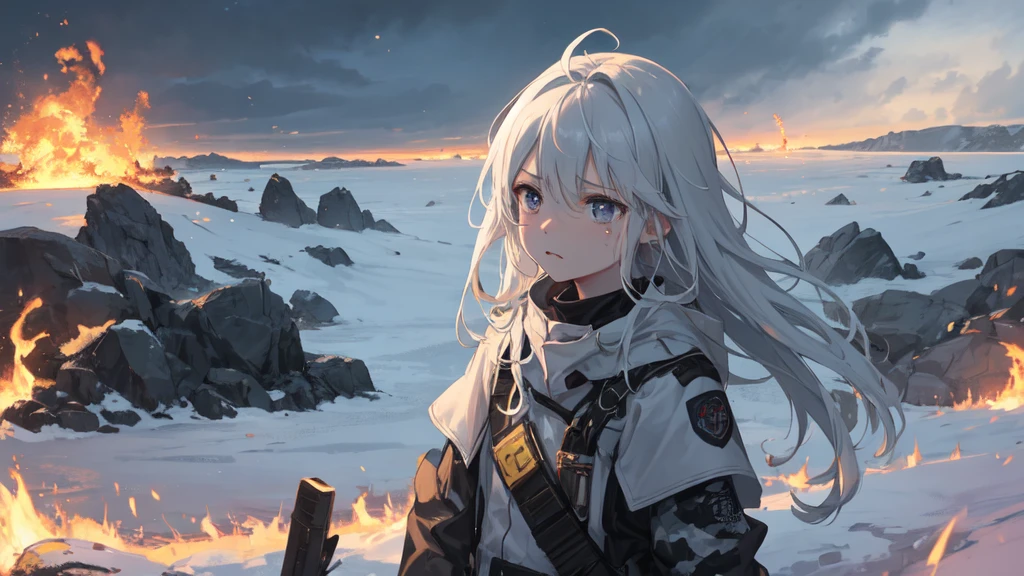 masterpiece:1.2), best quality , 独奏 ,pixiv, anime girl ,long straight white hair , black eyes ,Wearing off-white camouflage uniform ,ten years old,modern battlefield,(Eyes looking into the distance:1.3),(look away:1.5),snowy weather,dirty face,The background is a sea of fire with blood on the forehead,dirty face,Backlight,Bare rocky peaks ,Fierce flames are burning,The expression is sad,bullets flying,leave tears