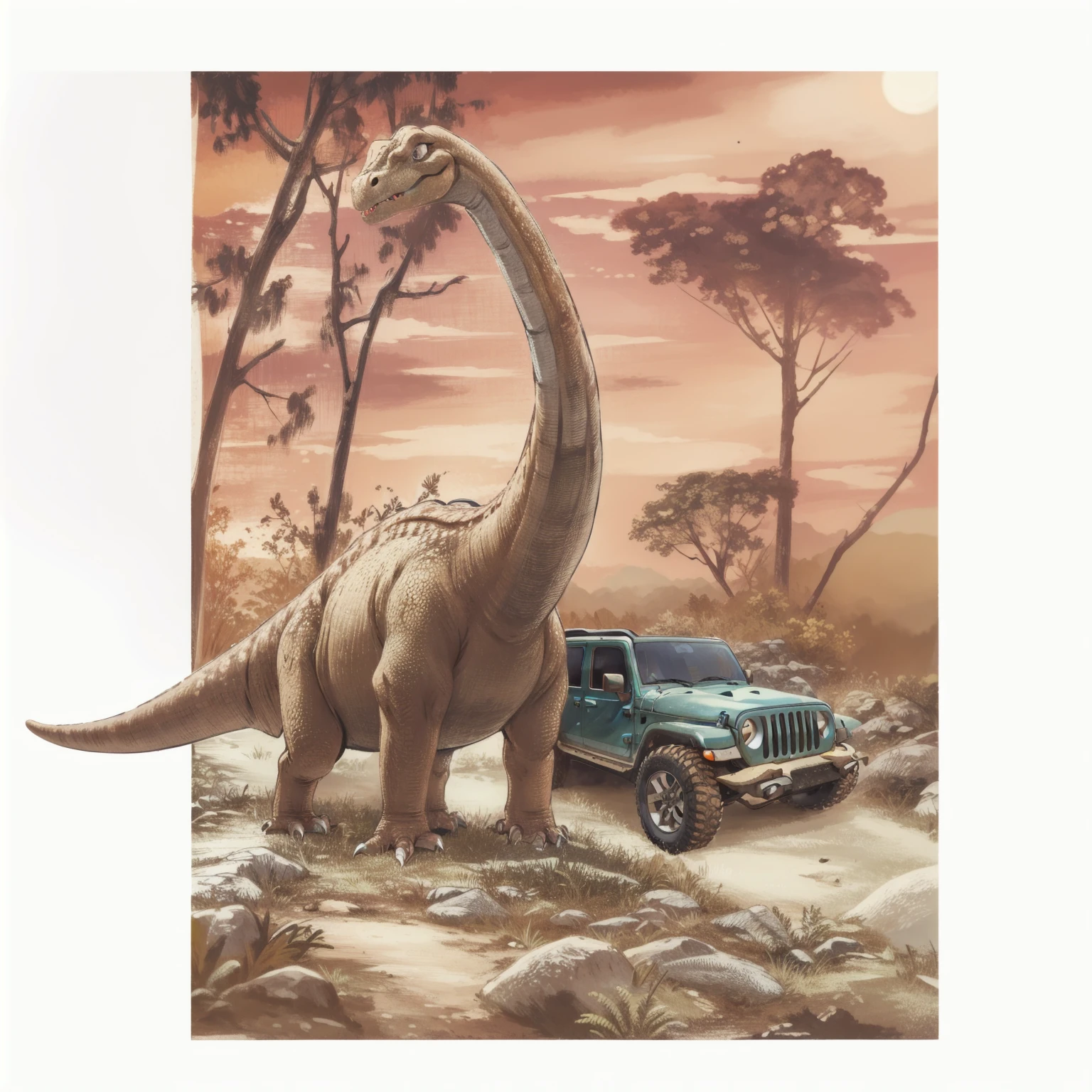 dinosaur and a jeep in a forest at dusk