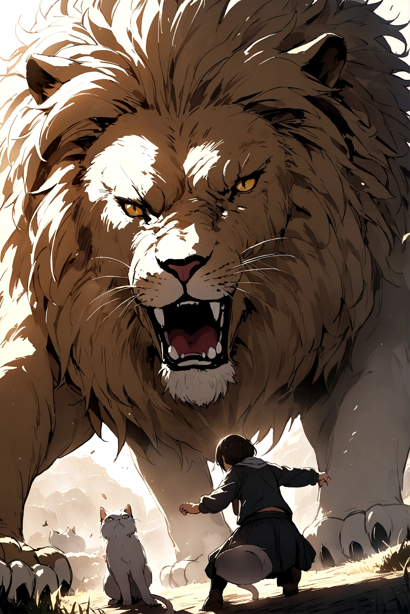 Giant lion, fighting a Gray Persian cat