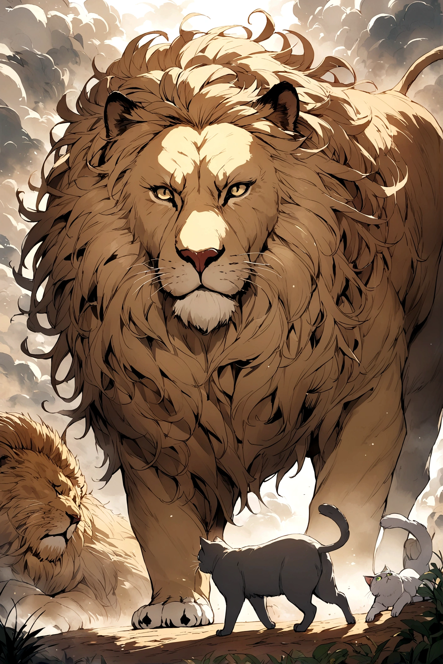 Giant lion, fighting a Gray Persian cat