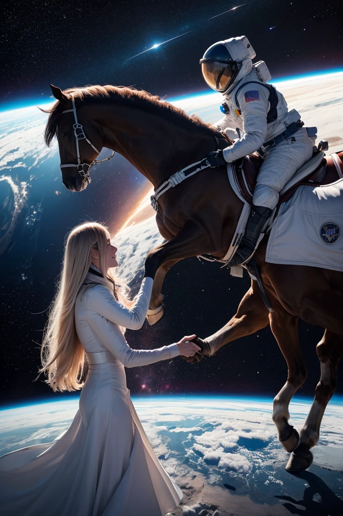 Horse and human shaking hands in space