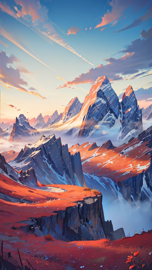 A breathtaking sunrise over a mountain range, with vibrant colors illuminating the sky. The sun is rising over the peaks, casting golden rays across the landscape. The foreground is filled with lush green vegetation and vibrant flowers, with a clear view of the distant mountains covered in trees. The sky is a gradient of warm colors, transitioning from deep orange to bright yellow and soft purple. The entire scene is serene and majestic, capturing the beauty of nature at dawn.