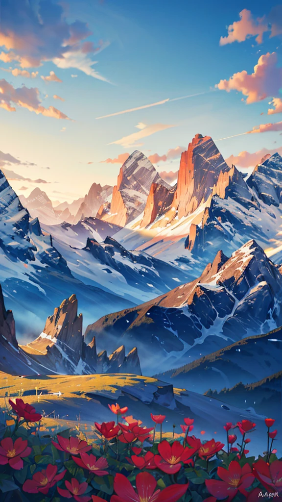 A breathtaking sunrise over a mountain range, with vibrant colors illuminating the sky. The sun is rising over the peaks, casting golden rays across the landscape. The foreground is filled with lush green vegetation and vibrant flowers, with a clear view of the distant mountains covered in trees. The sky is a gradient of warm colors, transitioning from deep orange to bright yellow and soft purple. The entire scene is serene and majestic, capturing the beauty of nature at dawn.